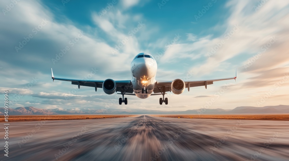 Obraz premium A commercial airplane descends toward the runway with stunning clouds in the background, highlighting the beauty of aviation and travel during a serene sunset.