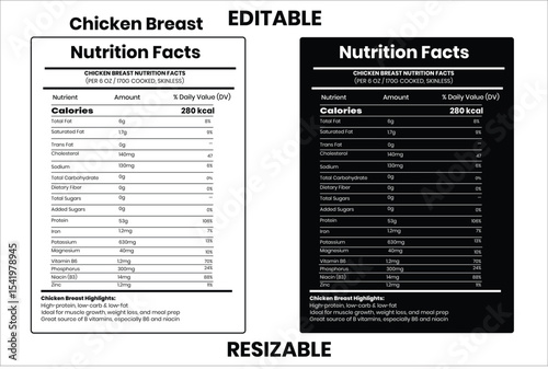 Chicken Breast, nutrition facts, nutrition, nutrition label, calories in food, nutrition info, supplement facts, vector template
