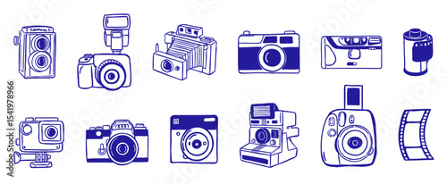 camera photography doodle hand drawn sketch - vector illustration collection set