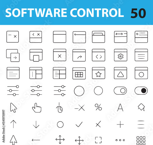 Software Control Line Icons Set,  Editable Vector Symbols for Interface Functions, System Settings, and App Controls

