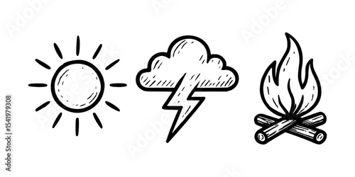 Hand-drawn black and white vector illustration featuring three minimal weather and outdoor icons: a stylized sun with radiant rays, a cloud emitting a sharp lightning bolt, and a rustic campfire 
