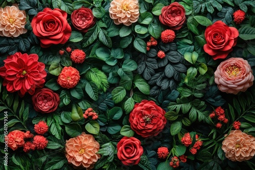 Dark green foliage surrounds peach and red roses, dahlias and other blooms. Use as backdrop for wedding invites, cards or elegant presentations.