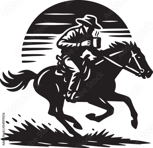 cowboy with coffee cup riding horse
