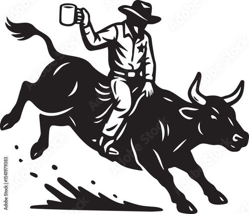 cowboy riding horse and holding cup of coffee