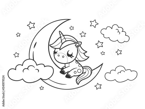 A cute cartoon unicorn is sleeping on the moon, surrounded by clouds and stars