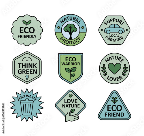 collection of eco-friendly badges promoting sustainability, organic living, zero waste, support local farming, and green lifestyle