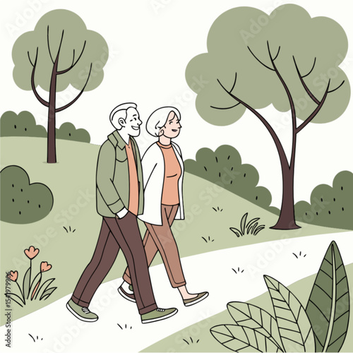 Happy Senior Couple Walking in Park - Elderly Lifestyle Illustration