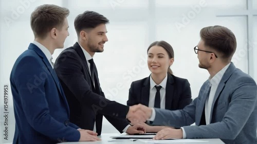 Business People Shaking Hands During Meeting in Bright Office