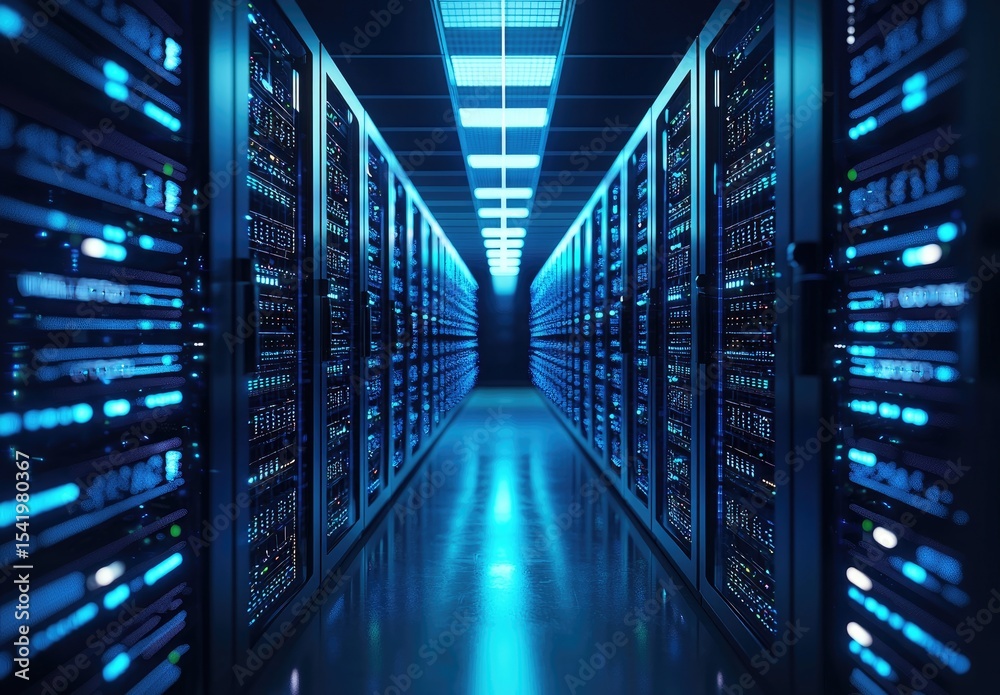 Fototapeta premium High-tech corridor of glowing server racks in a modern data center with blue lighting, perfect for visualizing cloud infrastructure, IT storage, and digital network systems