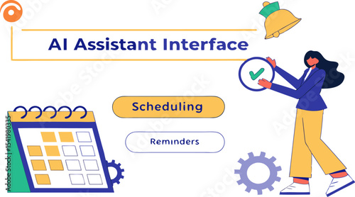 Illustration of ai assistant interface with scheduling reminders and a woman holding a checkmark icon