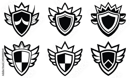 Vintage Vector Set of Shield Emblems with Wings and Crowns  Black and White Heraldic Badges Collection, Heraldic Winged Shield Emblems with Crowns – Vintage Vector Badge Collection in Black and White
