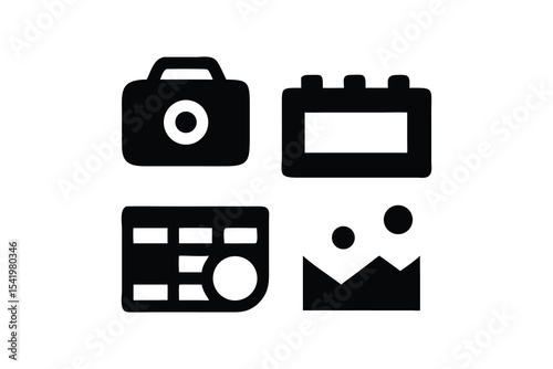 Vector Icons of Photography and Image Editing Tools. A set of simple, black silhouette icons representing various photography and image editing tools.