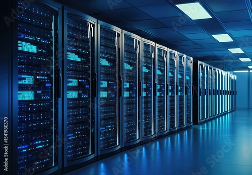Long row of modern illuminated servers in a clean data center under cool lighting, great for representing cloud computing, data storage, or IT infrastructure environments