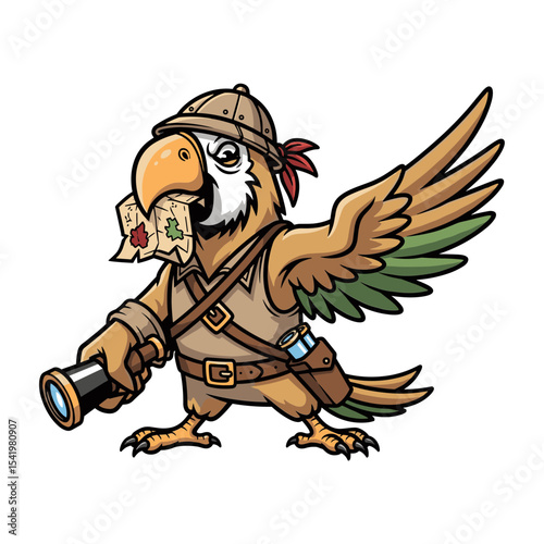 Explorer parrot in a brown outfit with telescope and map, adventurous jungle character ideal for discovery or treasure map illustrations.