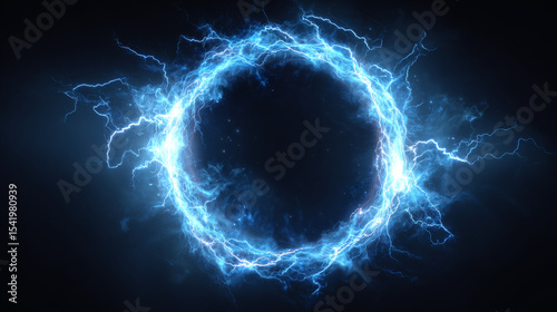 Lightning round frame, rays bright power vector illustration. Blue glowing magical portal, thunderbolt circle, energy strike discharge. Light flash neon hole, electric flare ring effect on black
