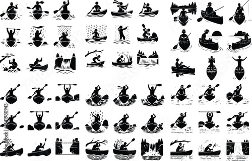Person in Canoe Icon Silhouette Set – Adventure Paddling Scene Canoeing Silhouette Set – Outdoor Water Travel Icon Collection