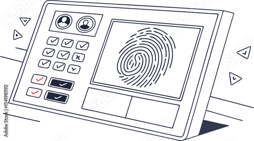 Illustration of a biometric device with fingerprint scan user profiles and verification checkmarks displayed