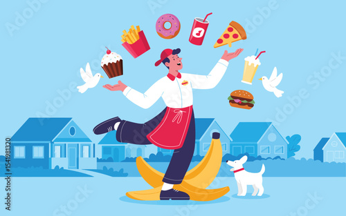 cheerful food delivery person juggling fast food items while balancing on banana peels in a vibrant suburban street illustration