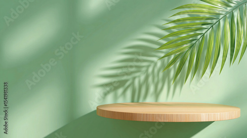 mockup podium wooden with beautiful palm leaf for advertising and shadows