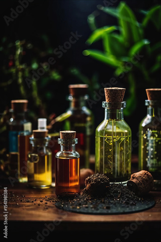 Herbal infusions and essential oils in glass bottles, no people.
