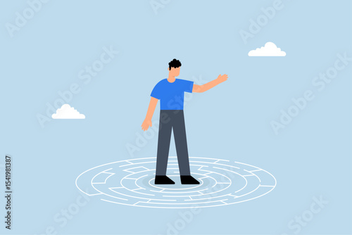 confused businessman in middle of maze looking for way out