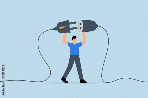 Business continuity, business manager plugs in power cord to continue business.