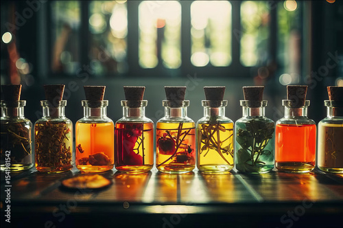 Herbal infusions and essential oils in glass bottles, no people.