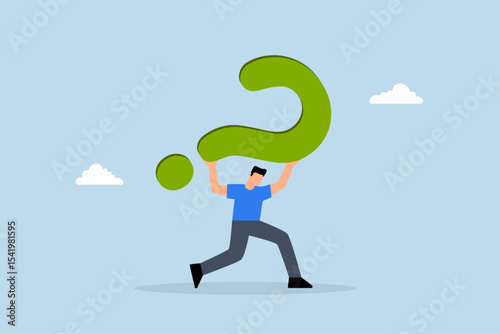 frustrated trying businessman carrying heavy burden of big question mark