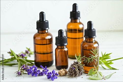 Herbal infusions and essential oils in glass bottles, no people.