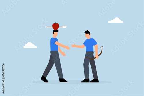 Trusted partner, businessmen agreeing after risky archery apple shot display through handshake.