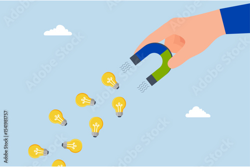 businessman with magnet to magnetize light bulb ideas.