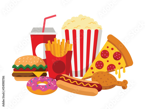 collection of popular fast food items including burger, fries, pizza, hot dog, donut, fried chicken, popcorn, and soda on white background