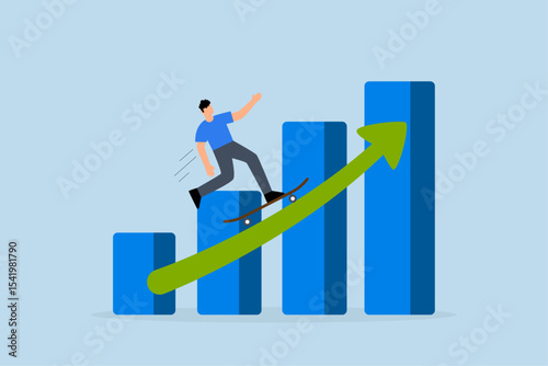 business manager skateboarding on fast growing profit chart.