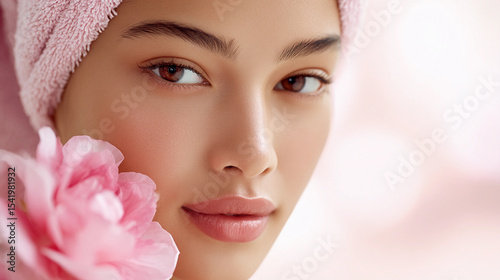 beautiful girl model in a towel with clear skin of Caucasian appearance with a pink flower for advertising cosmetics