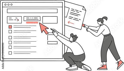Two people interacting with a large computer screen and a document in a collaborative design process