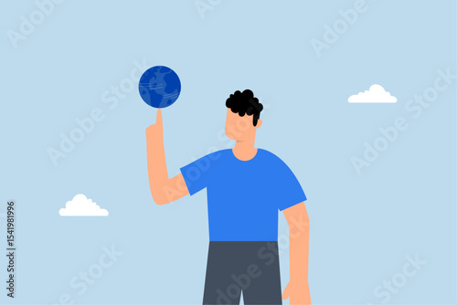 Global business, businessman turning globe with his strong finger.