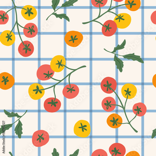Seamless pattern with colorful tomatoes in background checkered tablecloth. Italian vacation vibe. Trendy vintage food print. Perfect for kitchen textile, packaging, fabric. Vector illustration.
