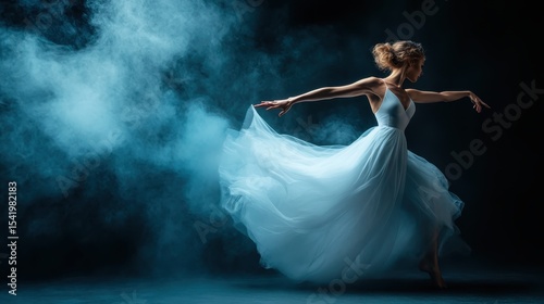 An artistic capture of a graceful dancer in a flowing white dress, spinning in a dramatic atmosphere filled with blue smoke, conveying elegance, freedom, and emotion through movement.