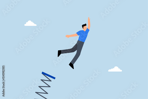 businessman manager jumps on diving board high into the sky.