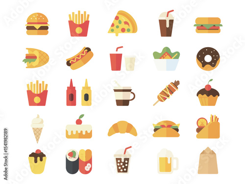 flat design icons of fast food and snacks including burger, pizza, fries, drinks, desserts, hot dog, taco, and more on white background