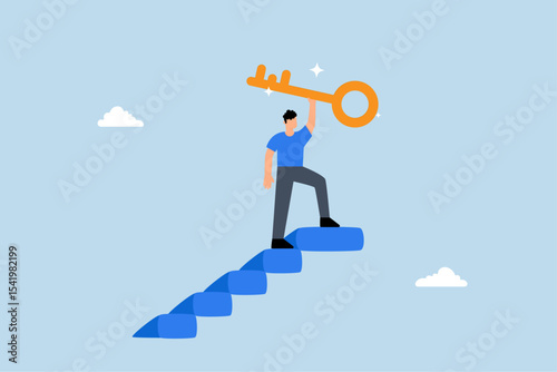 winning businessman walks to top of stairs, raising golden success key to sky.