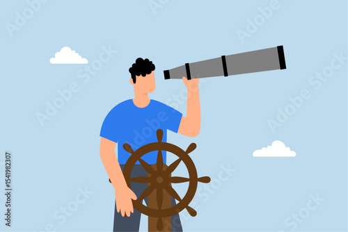 businessman boat captain directs the rudder with telescopic sight.