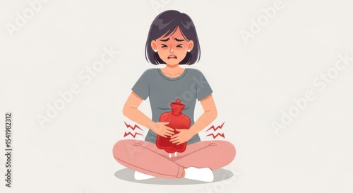 Woman experiencing menstrual cramps using a hot water bottle