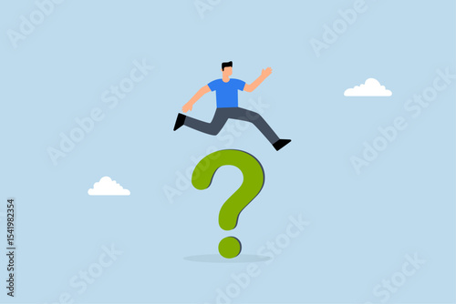 Solution to solve business problem, entrepreneur leaps over large question mark symbol.