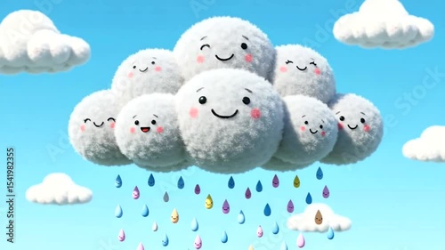 Cheerful animated cloud character raining colorful droplets in a bright blue sky