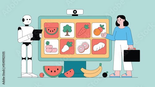 futuristic robot and woman interacting with smart screen displaying fruits and vegetables for educational and nutritional presentation