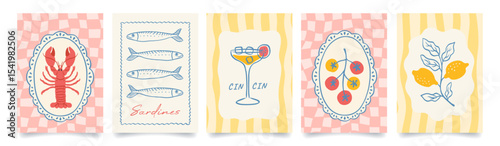 Set of summer italian mediterranean posters. Vacation in Italy. Amalfi. Italian food. Hand drawn lobster and tomato in plates, lemons, sardines, cocktail. Vector illustration for poster or card.