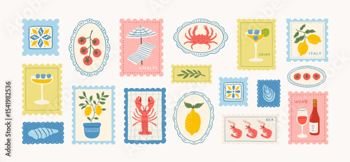 Set of italian summer mediterranean postage stamps. Vacation in Italy. Amalfi. Hand drawn lobster and crab in plate, lemons, tomato, seashell, cocktail, shrimp, tile, wine. Vector trendy illustration.