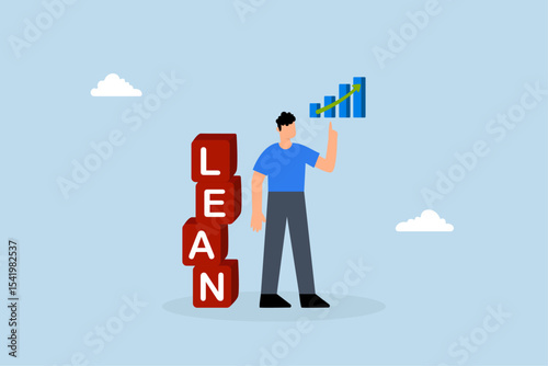 entrepreneur presents growth graph resting on pile of boxes labeled LEAN and finished rocket model.