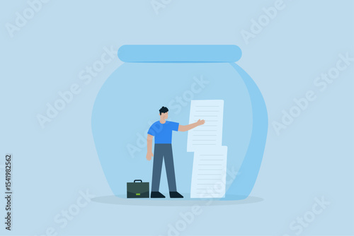 businessman stands and reveals financial document in crystal clear fishbowl.